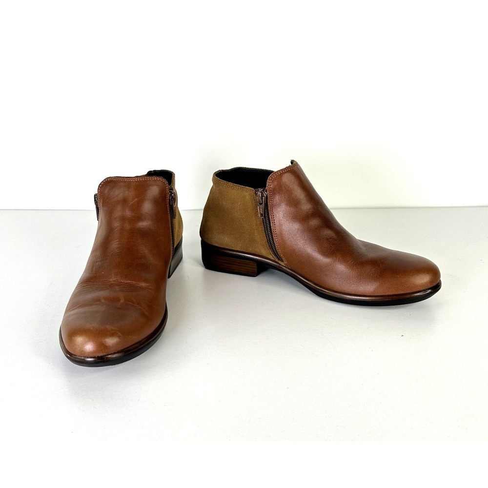 NAOT Helm Ankle Boot Brown Leather Suede 2 Zipper Low Heel Womens EU 38 US 7.5-8